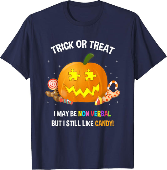 Halloween Non Verbal Autism Trick Or Treat T-Shirt - T-Shirt | Navy