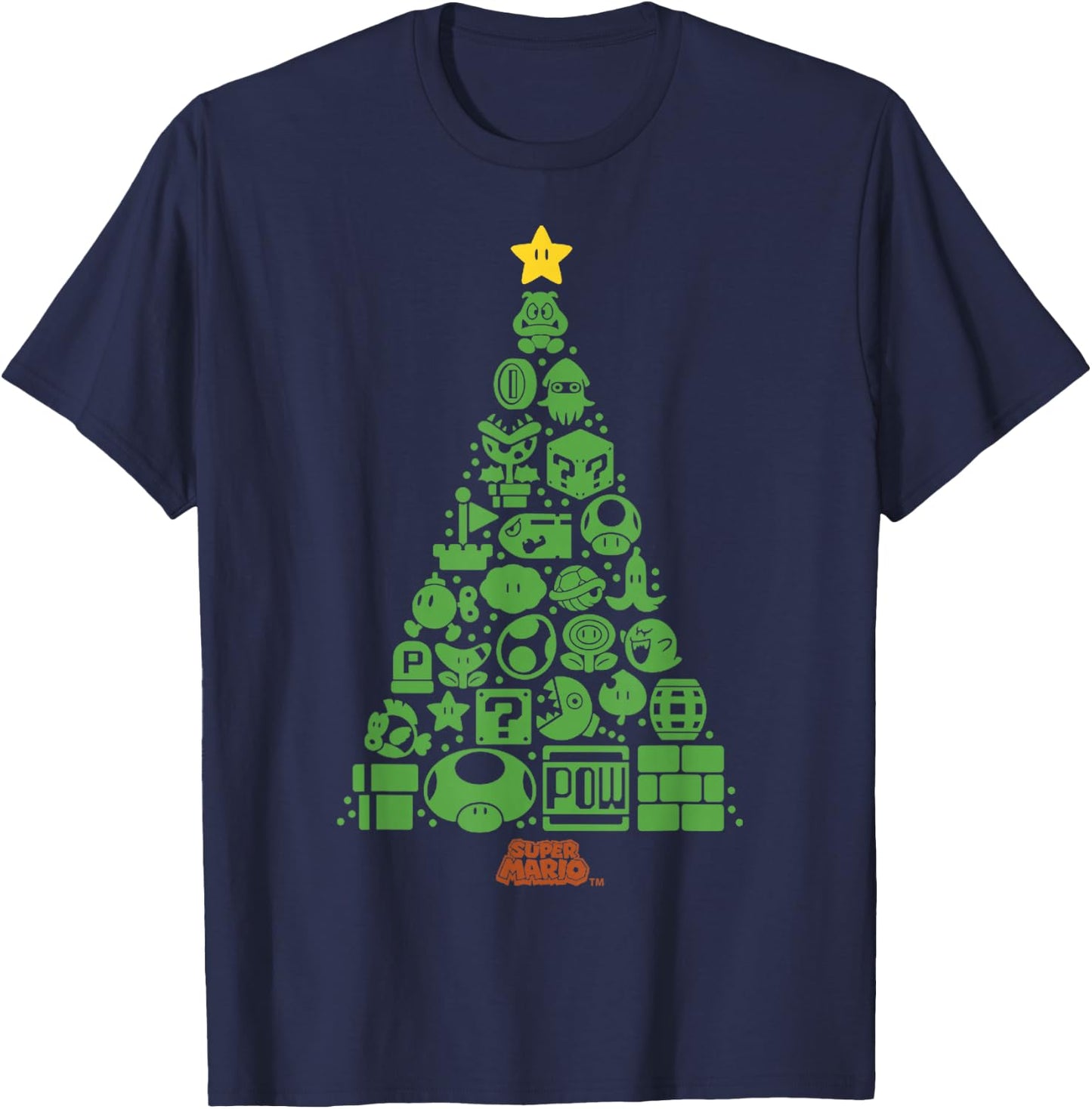 Super Mario Item Characters Christmas Tree Graphic Short Sleeve Black T-Shirt - T-Shirt | Navy