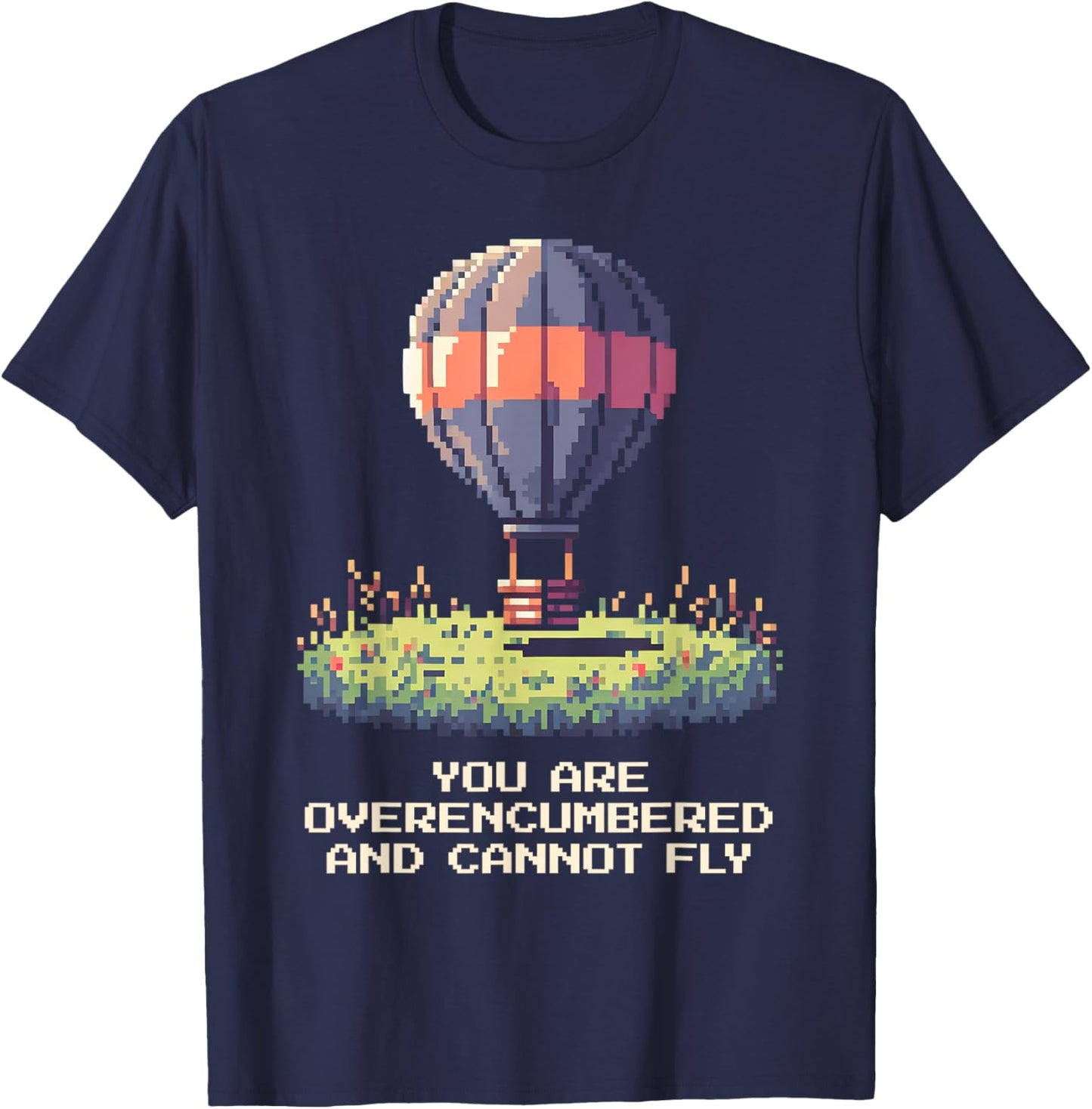 Overencumbered: Can’t Fly | Hot Air Balloon Pixel Art T-Shirt - T-Shirt | Navy