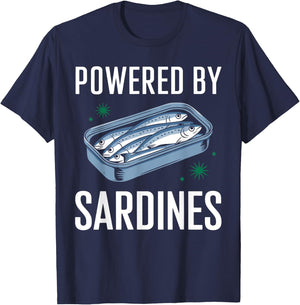 Powered By Sardines Love Sardine Funny Fish Lover Design T-Shirt - T-Shirt | Navy