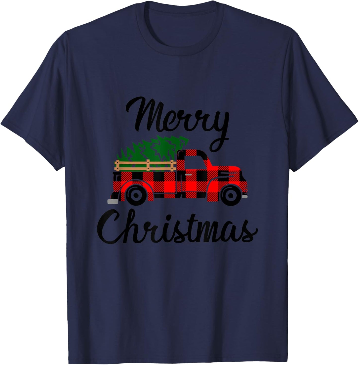 Merry Christmas - Tree On Buffalo Plaid Truck T-Shirt - T-Shirt | Navy