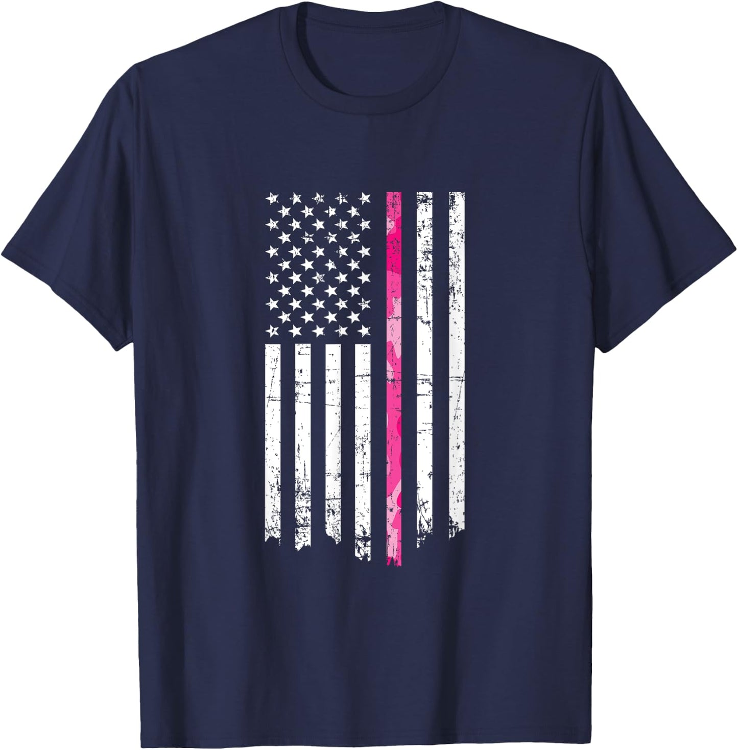 Pink Camouflage Stripe Breast Cancer American Flag Men T-Shirt - T-Shirt | Navy