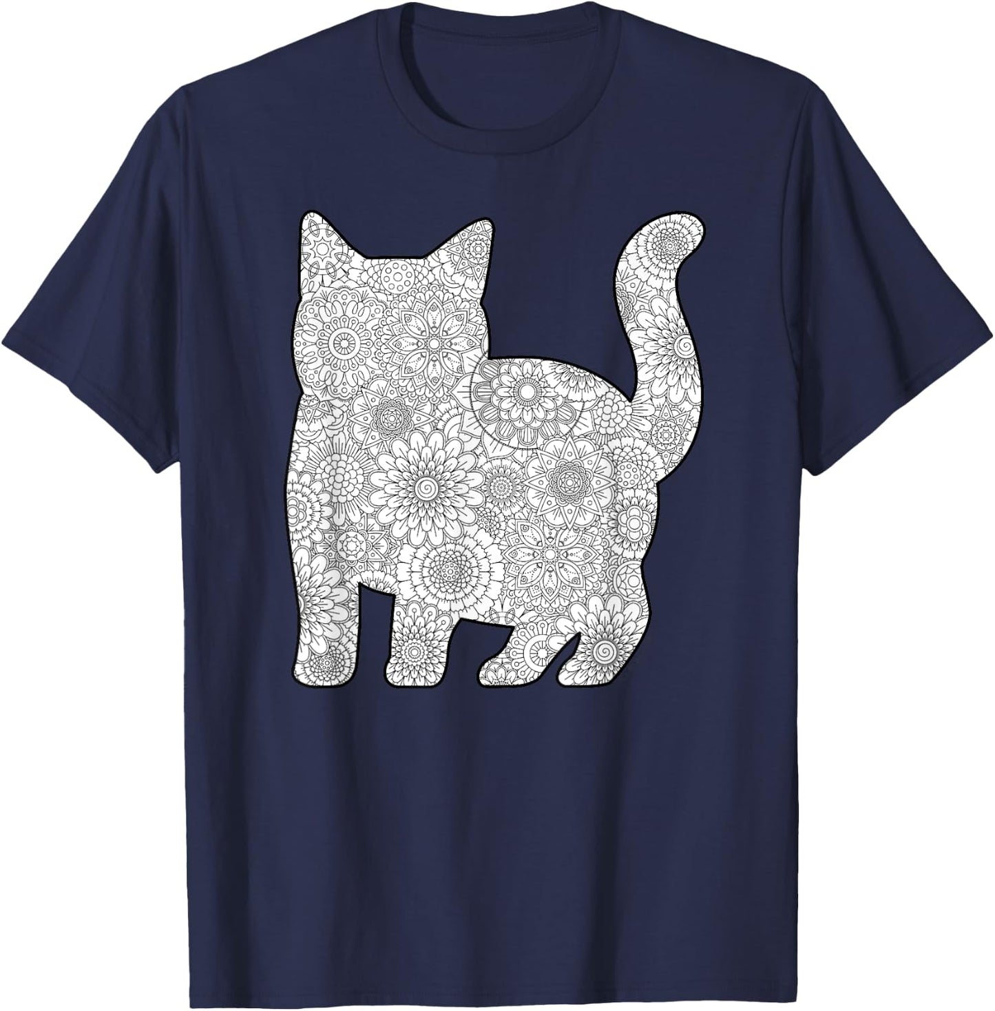 Adult Coloring Book - CAT Mandala Flowers T-Shirt - T-Shirt | Navy