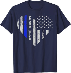 Thin Blue Line Heart Wife of Police Proud USA T-Shirt - T-Shirt | Navy
