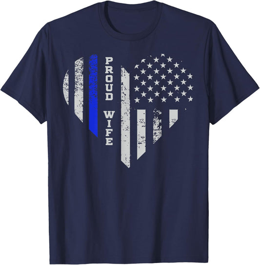Thin Blue Line Heart Wife of Police Proud USA T-Shirt - T-Shirt | Navy
