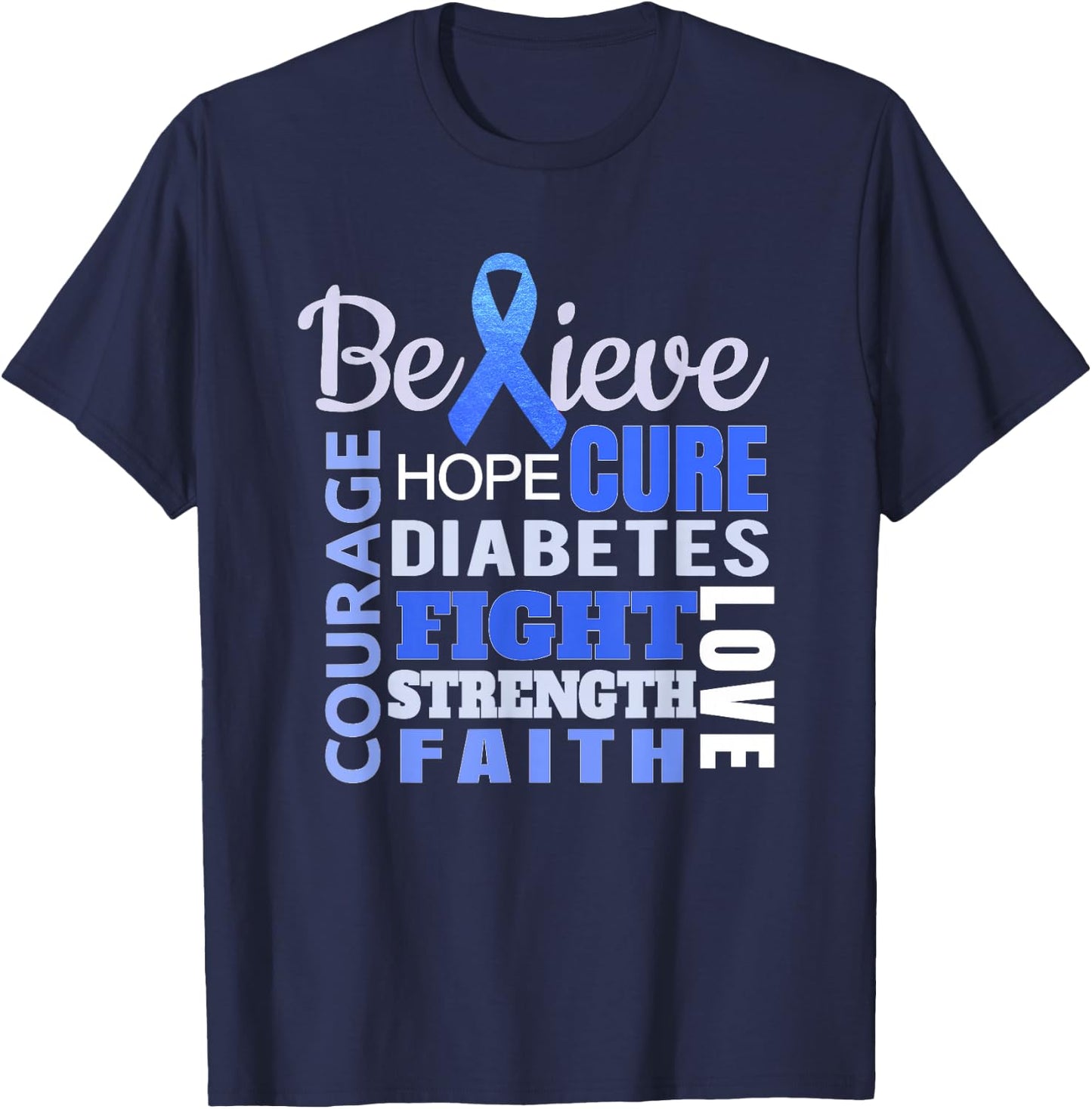 Diabetes Awareness T Shirt Blue Ribbon Diabetes Word Shirt T-Shirt - T-Shirt | Navy