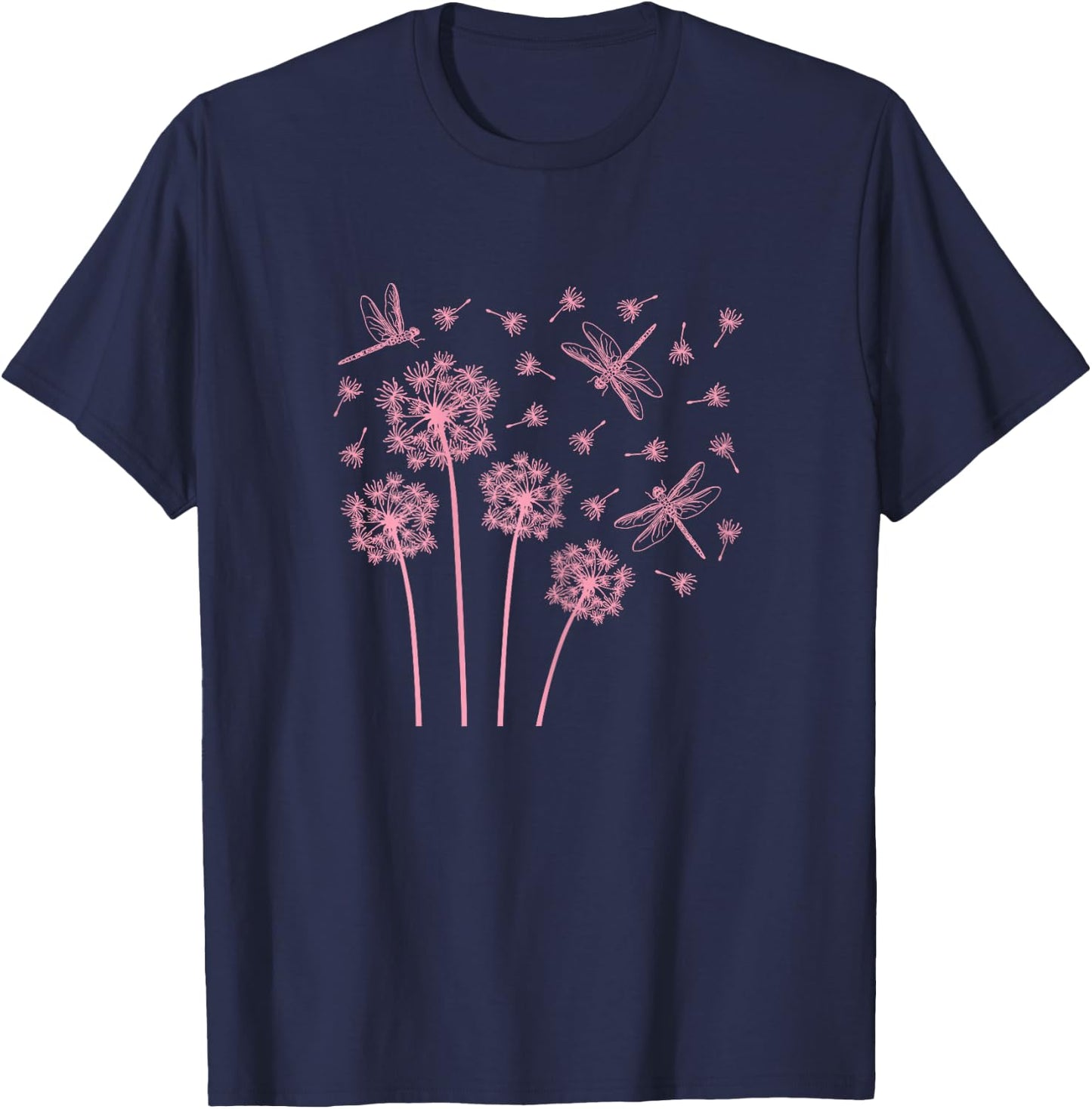 Pink Dandelion Flower Dragonfly Wildflower Women Girls T-Shirt - T-Shirt | Navy