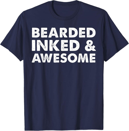 Bearded Inked & Awesome Tattoo Design T-Shirt - T-Shirt | Navy