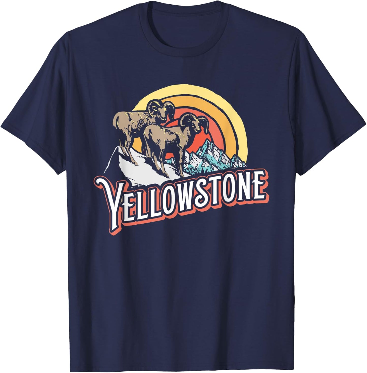 Vintage Big Horned Sheep Yellowstone Sun & Mountain Graphic T-Shirt - T-Shirt | Navy