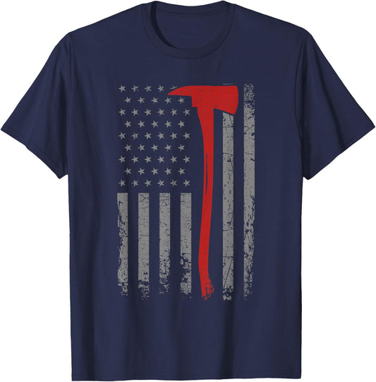 Wildland Firefighter Axe American Flag Thin Red Line Fireman T-Shirt - T-Shirt | Navy