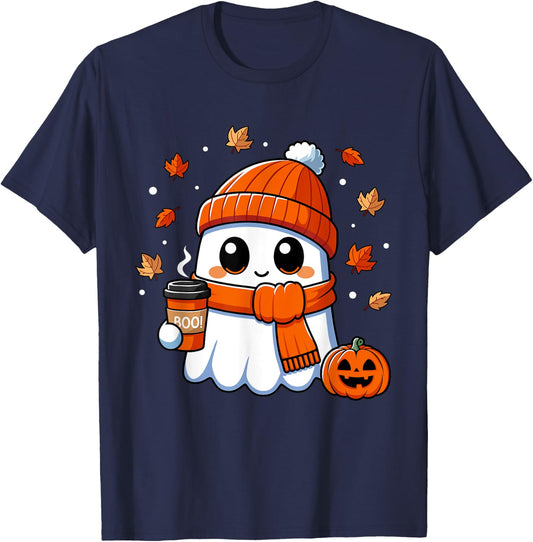 Halloween Ghost Coffee Boo Spooky Season Fall Women Girls T-Shirt - T-Shirt | Navy
