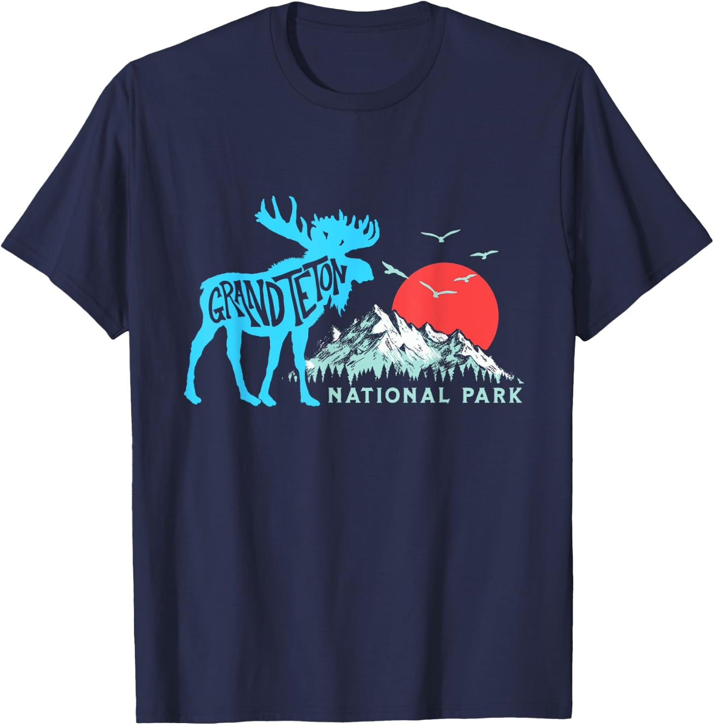 Grand Teton National Park Moose & Mountains Typography T-Shirt - T-Shirt | Navy