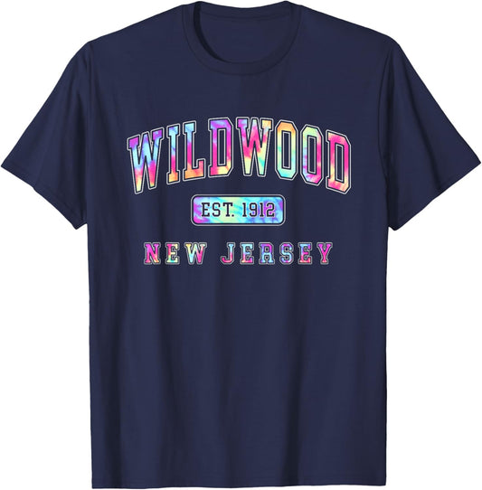 Wildwood New Jersey Shore Tie Dye Collegiate Summer Beach T-Shirt - T-Shirt | Navy
