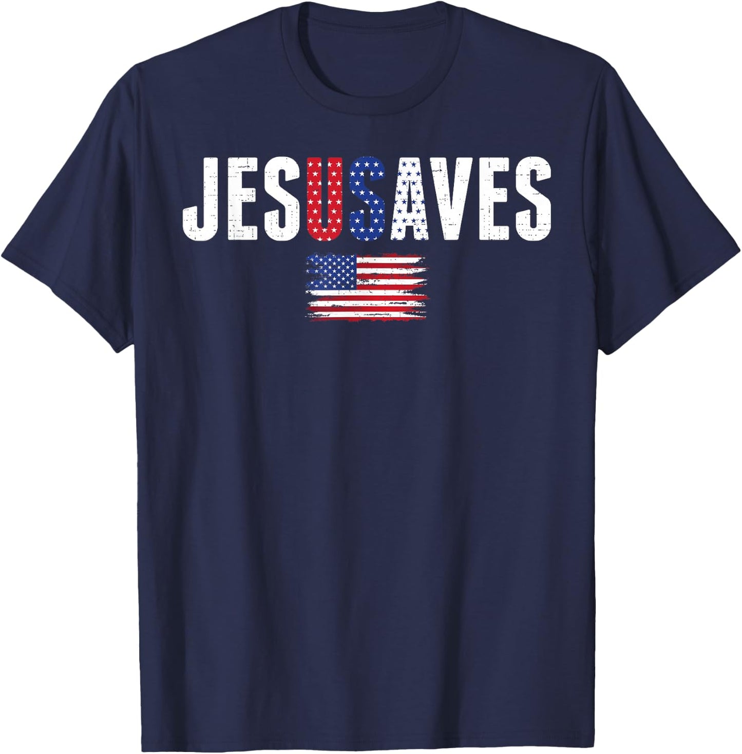 Jesus Saves USA American Flag Patriotic Christian 4th July T-Shirt - T-Shirt | Navy