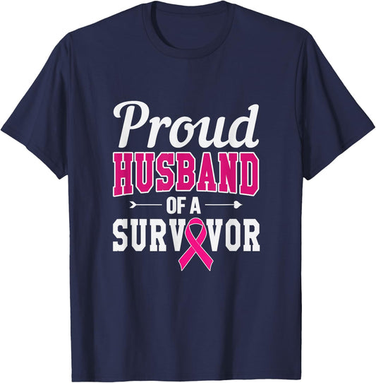 Proud Husband Of A Survivor Breast Cancer Awareness T-Shirt - T-Shirt | Navy