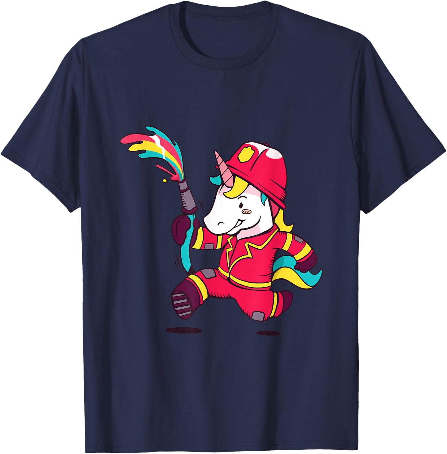 Cute Unicorn Fireman Cartoon Rainbow Unicorn T-Shirt - T-Shirt | Navy