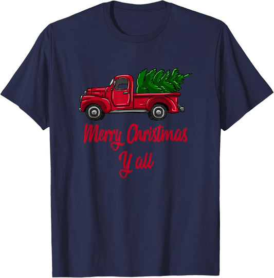 Merry Christmas Y'all Red Truck With Tree Xmas Holiday Gift T-Shirt - T-Shirt | Navy