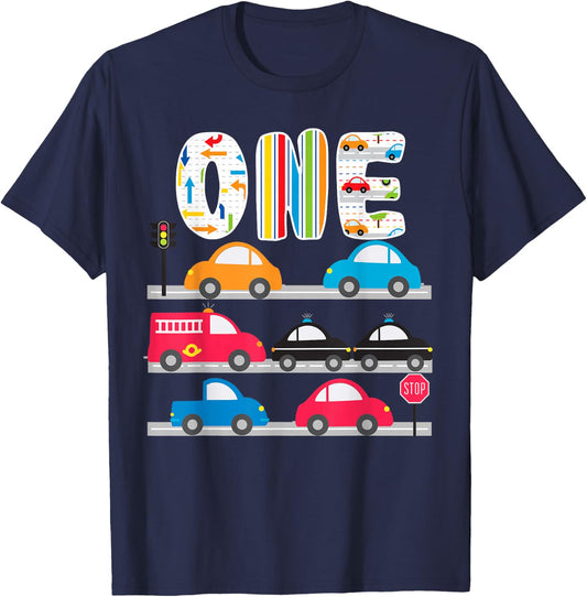 Cars Transportation Trucks 1st Birthday 1 Year Old Birthday T-Shirt - T-Shirt | Navy