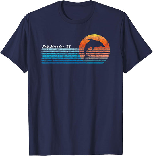 Vintage Half Moon Cay, Bahamas Retro 80s Dolphin Sunset T-Shirt - T-Shirt | Navy