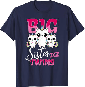 Big Sister of Twins Twin Unicorn Cats Girls Shirt T-Shirt - T-Shirt | Navy