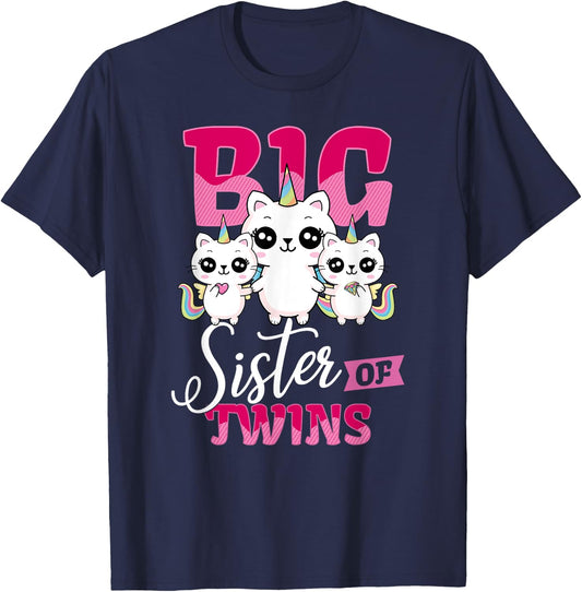 Big Sister of Twins Twin Unicorn Cats Girls Shirt T-Shirt - T-Shirt | Navy
