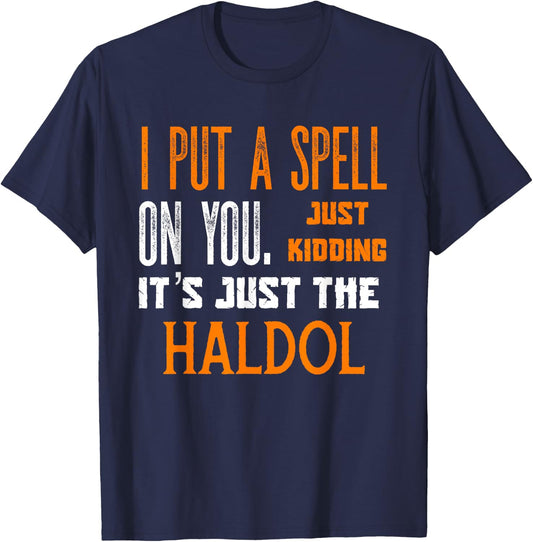 Funny Halloween Nurse RN Medical Haldol Spell Medical ER ICU T-Shirt - T-Shirt | Navy