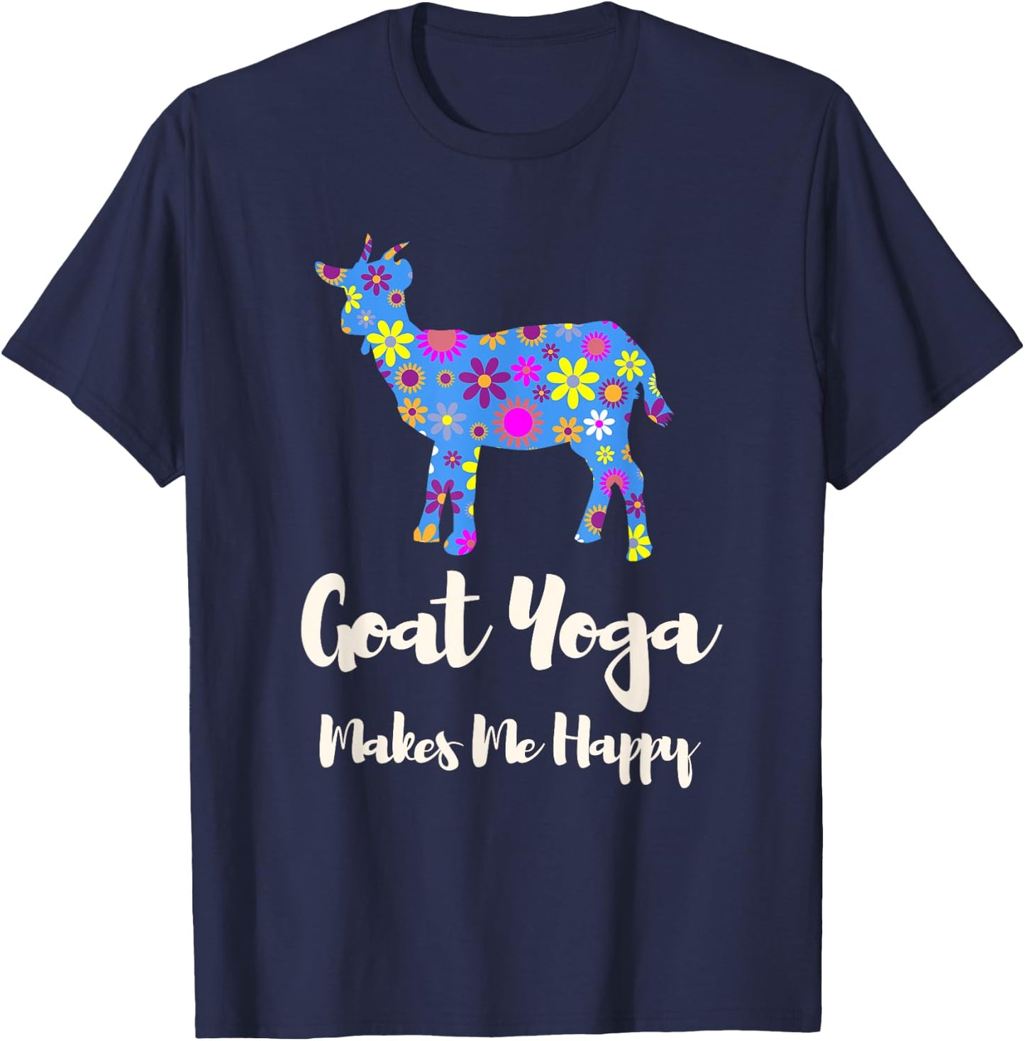 Cartba Goat Yoga Co. Cute Black Floral Goat Yoga - Women's Yoga - Small - - Short Sleeve T-Shirt - T-Shirt | Navy