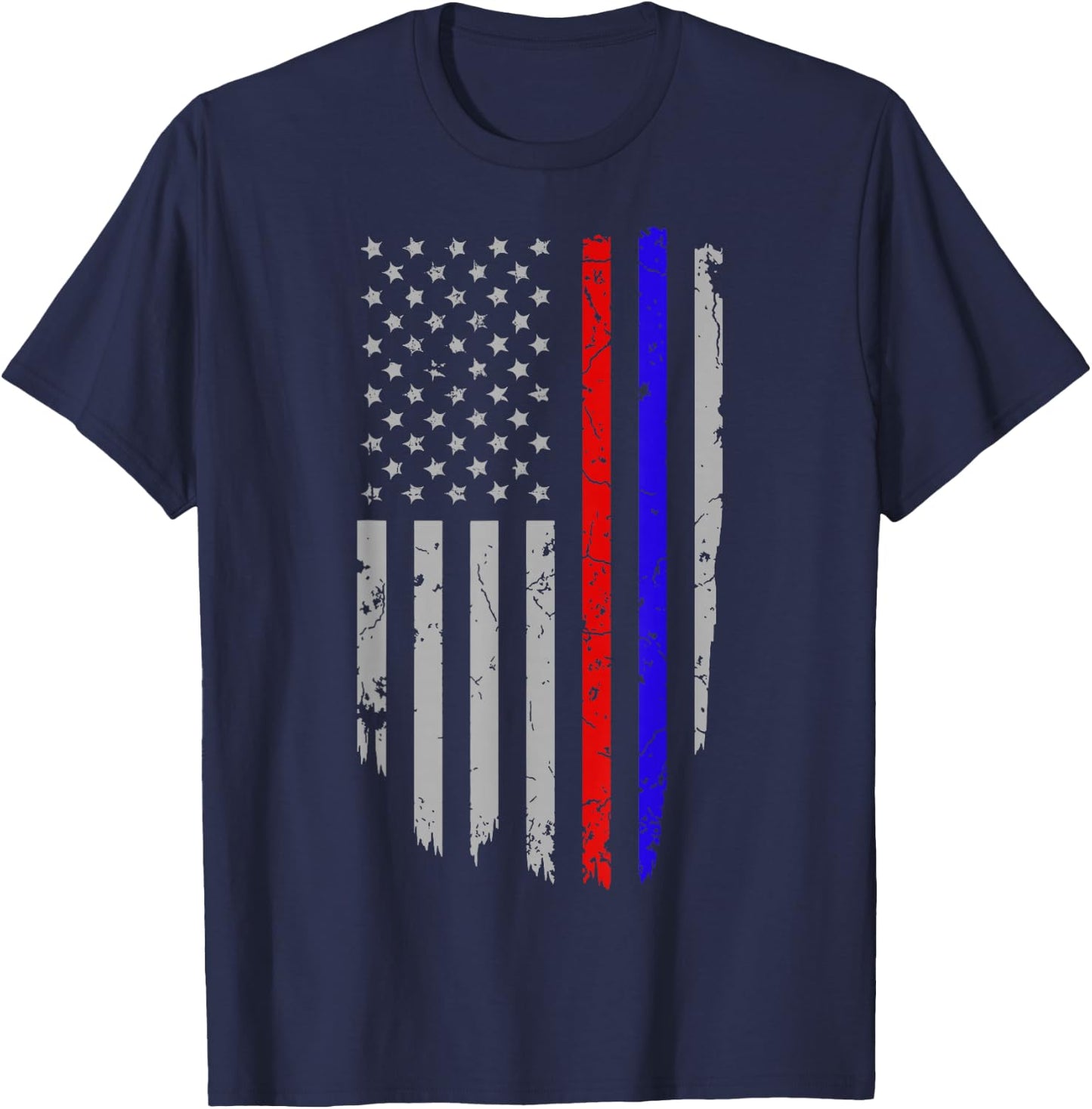 American Flag Red Blue Thin Line Apparel Firefighter Police T-Shirt - T-Shirt | Navy