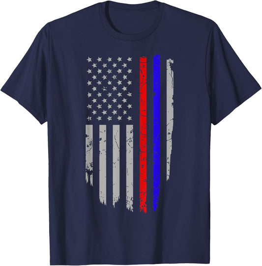 American Flag Red Blue Thin Line Apparel Firefighter Police T-Shirt - T-Shirt | Navy