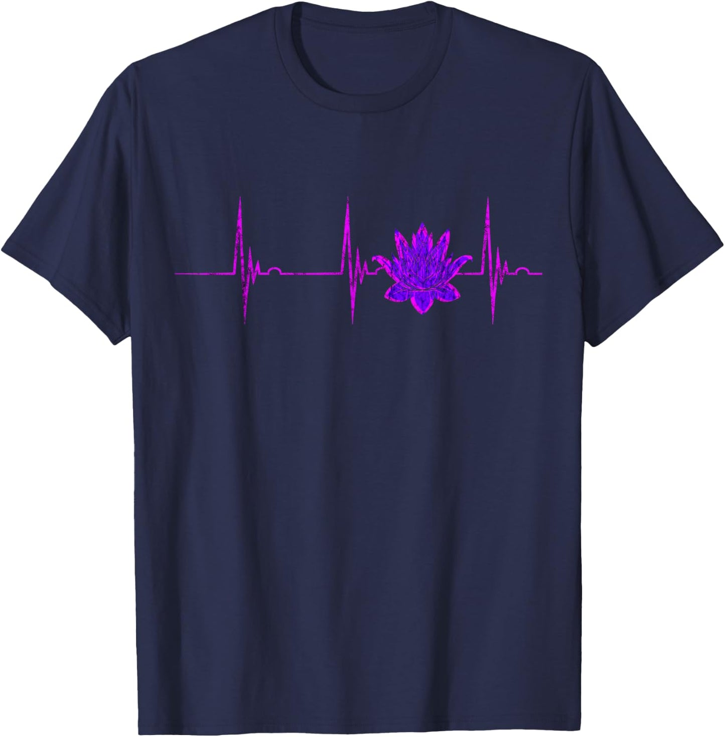 Lotus Flower Heartbeat ECG Pulse Line Meditation Yoga Namaste T-Shirt - T-Shirt | Navy