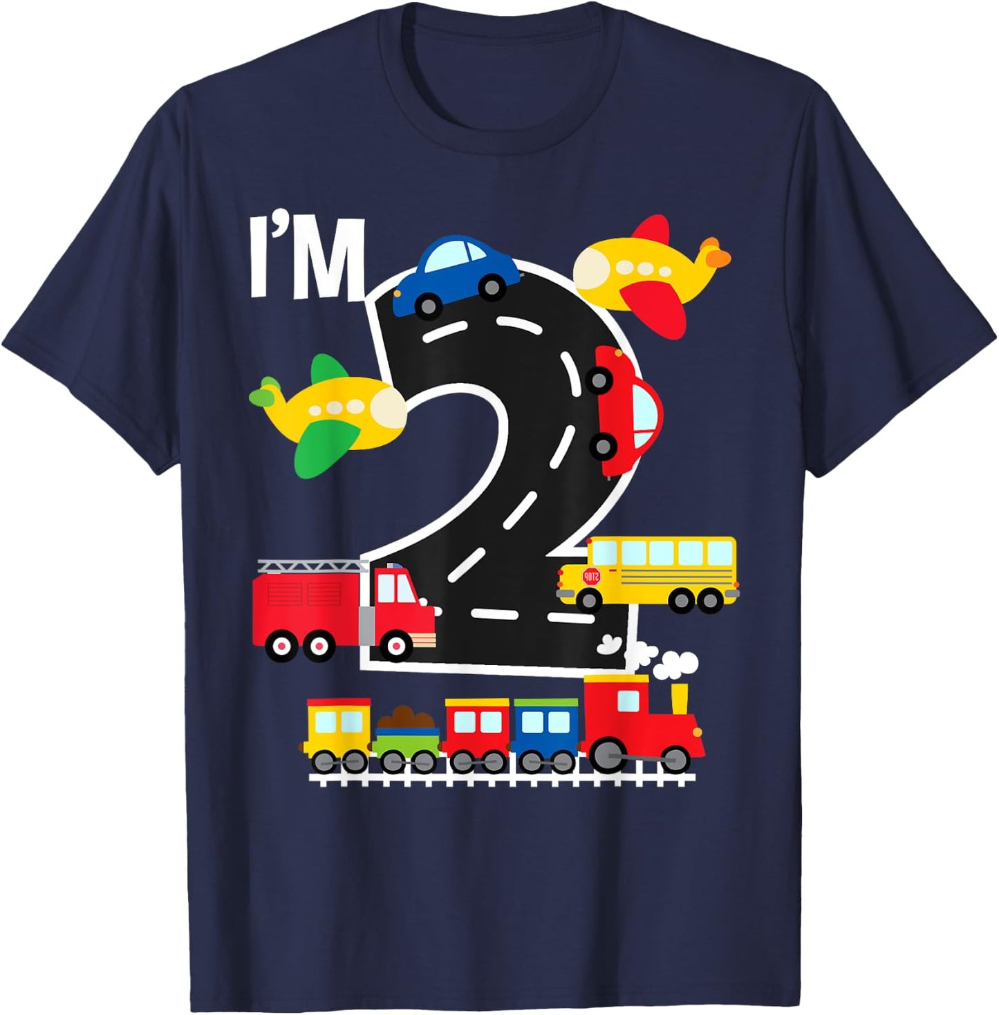 I'm 2 Birthday Boy 2nd Bday Train Car Fire Truck Airplane T-Shirt - T-Shirt | Navy
