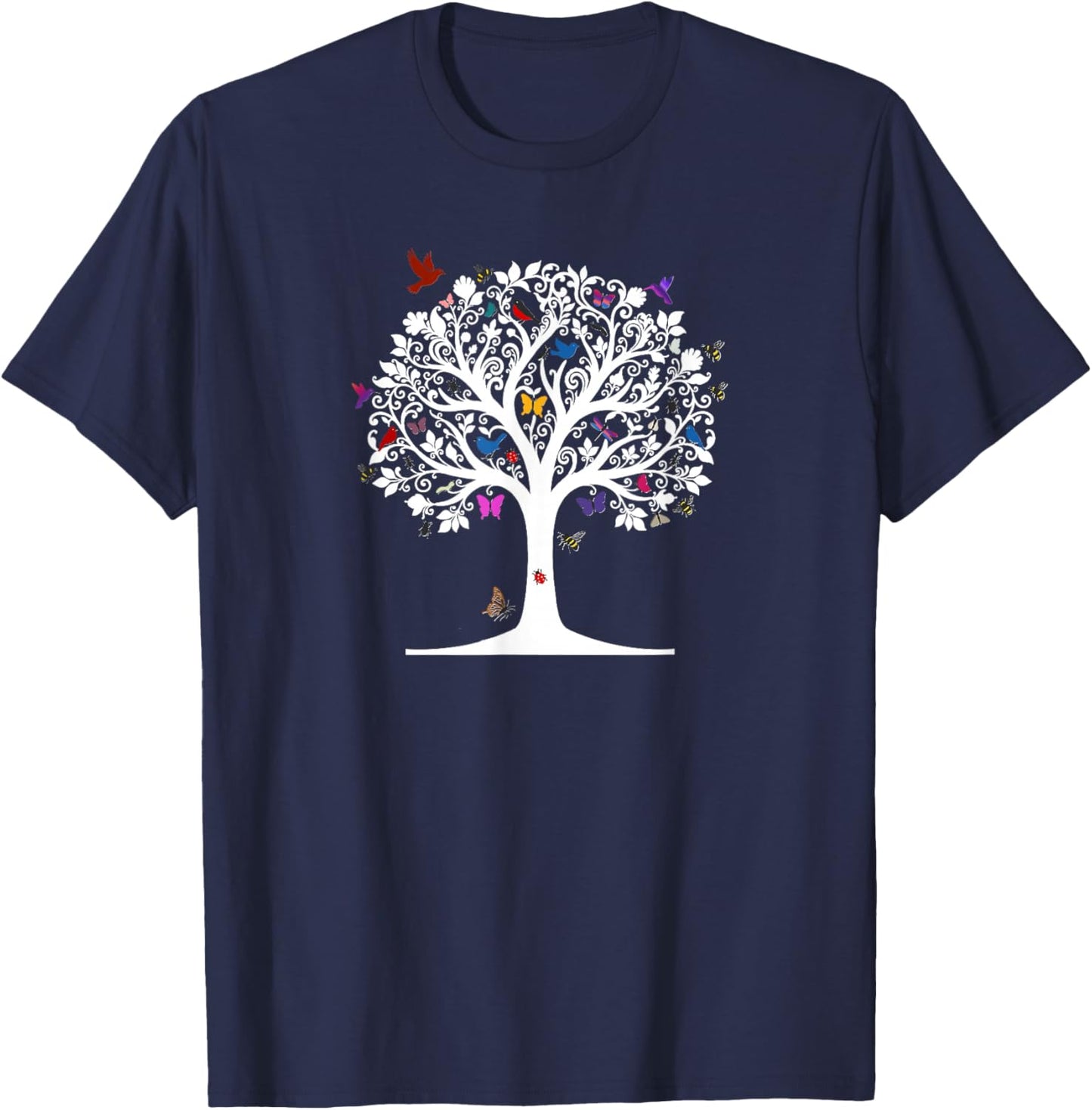 Tree of Love, White Silhouette, Birds, Butterflies, Bugs T-Shirt - T-Shirt | Navy
