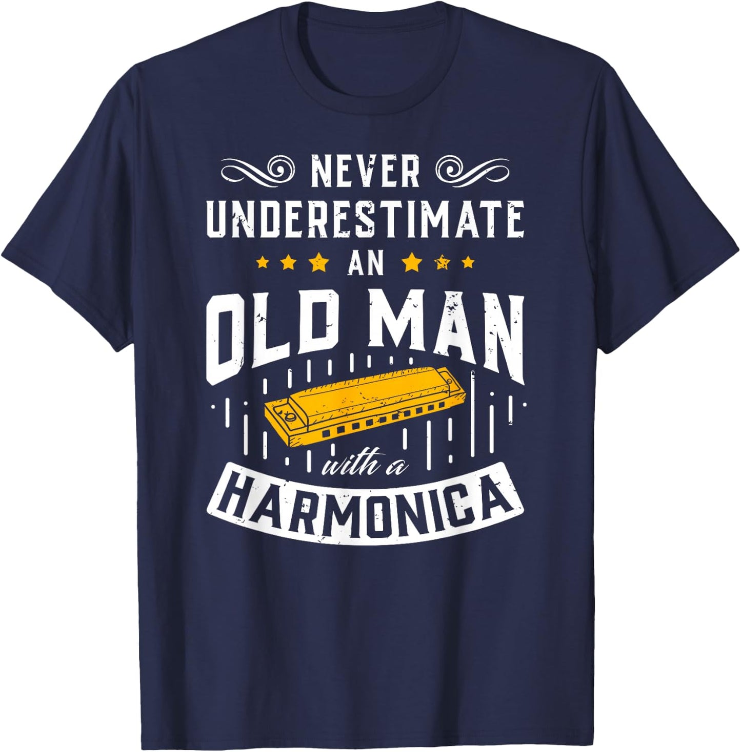 An Old Man With A Harmonica Music Musician Gift T-Shirt - T-Shirt | Navy