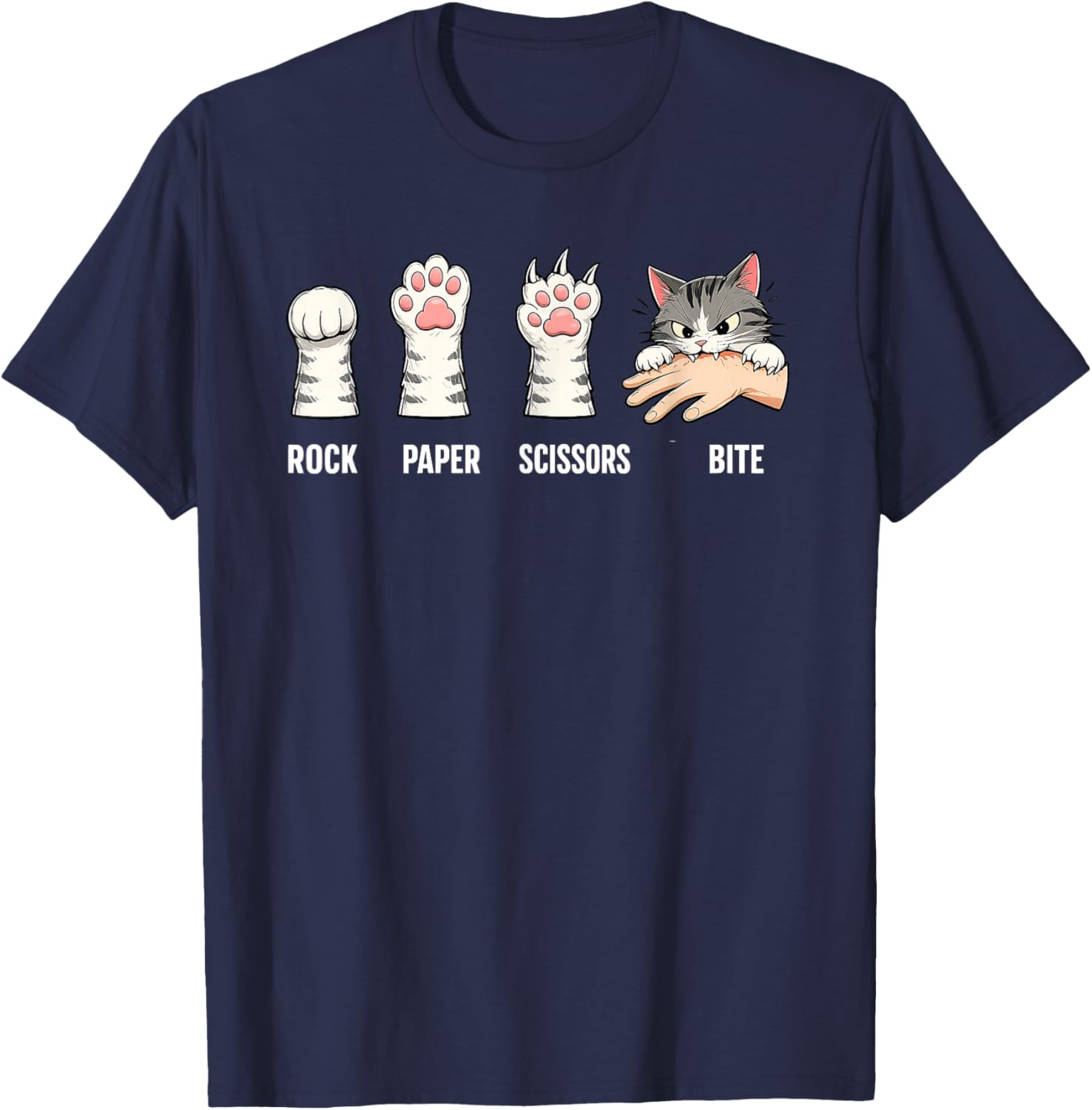 Rock Paper Scissors Bite Hand Game Cute Paw Funny Cat T-Shirt - T-Shirt | Navy