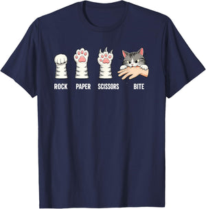 Rock Paper Scissors Bite Hand Game Cute Paw Funny Cat T-Shirt - T-Shirt | Navy
