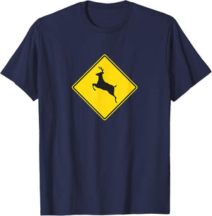 Outdoors Yellow Deer Crossing Sign T-Shirt - T-Shirt | Navy