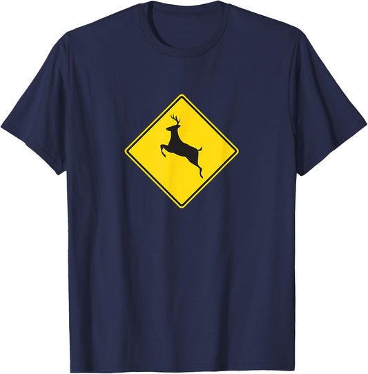 Outdoors Yellow Deer Crossing Sign T-Shirt - T-Shirt | Navy