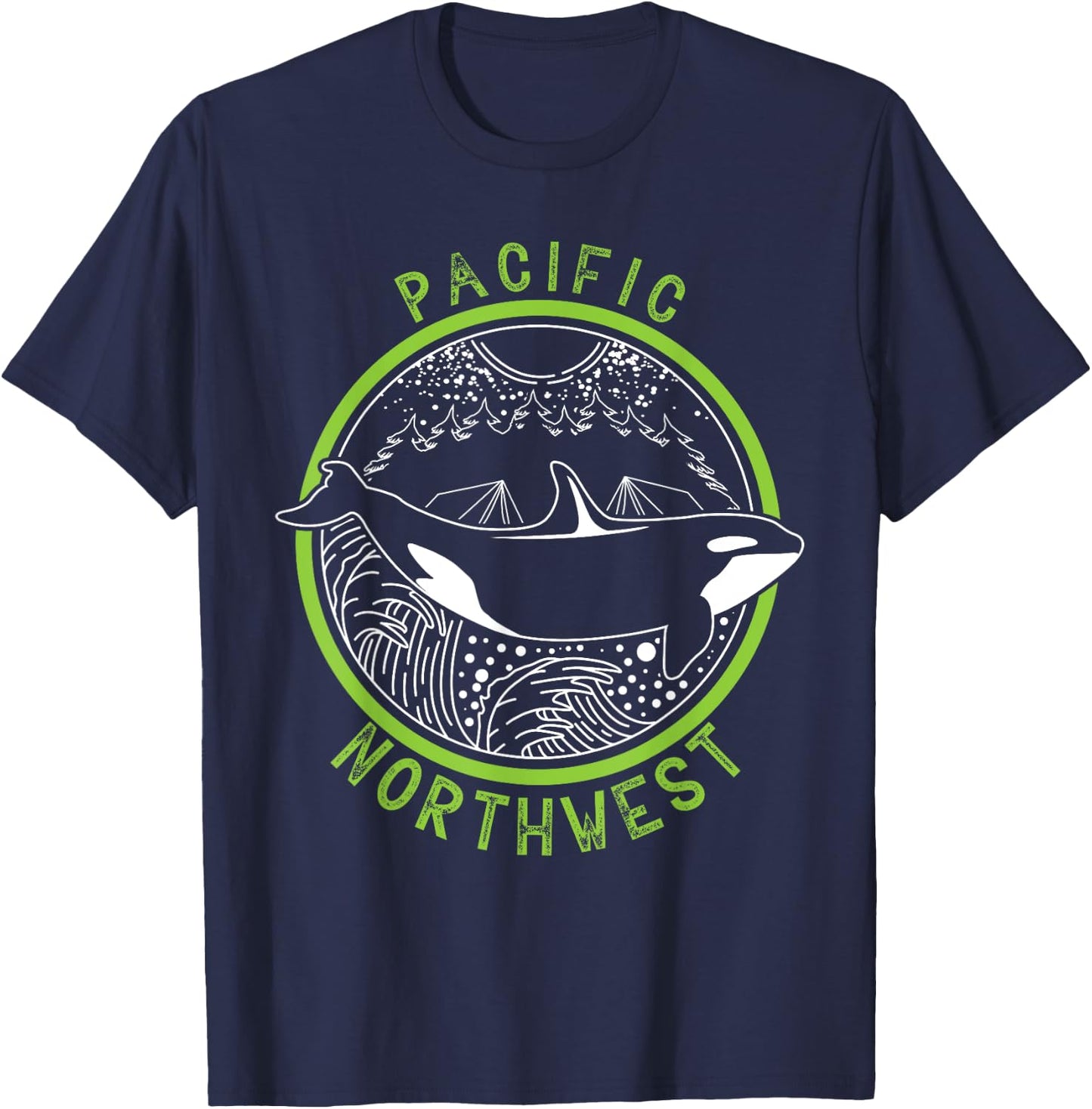 Pacific Northwest Orca Whale Tree Mountain Ocean PNW T-Shirt - T-Shirt | Navy