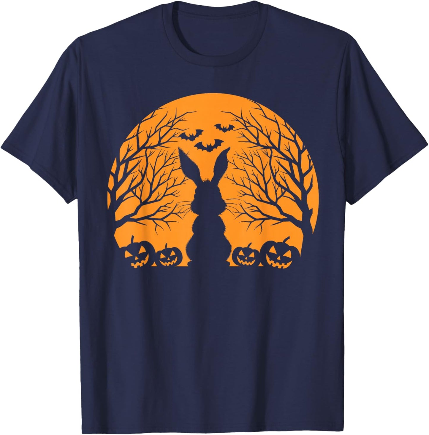 Rabbit Halloween Design Rabbit with Pumpkin Bunny Halloween T-Shirt - T-Shirt | Navy