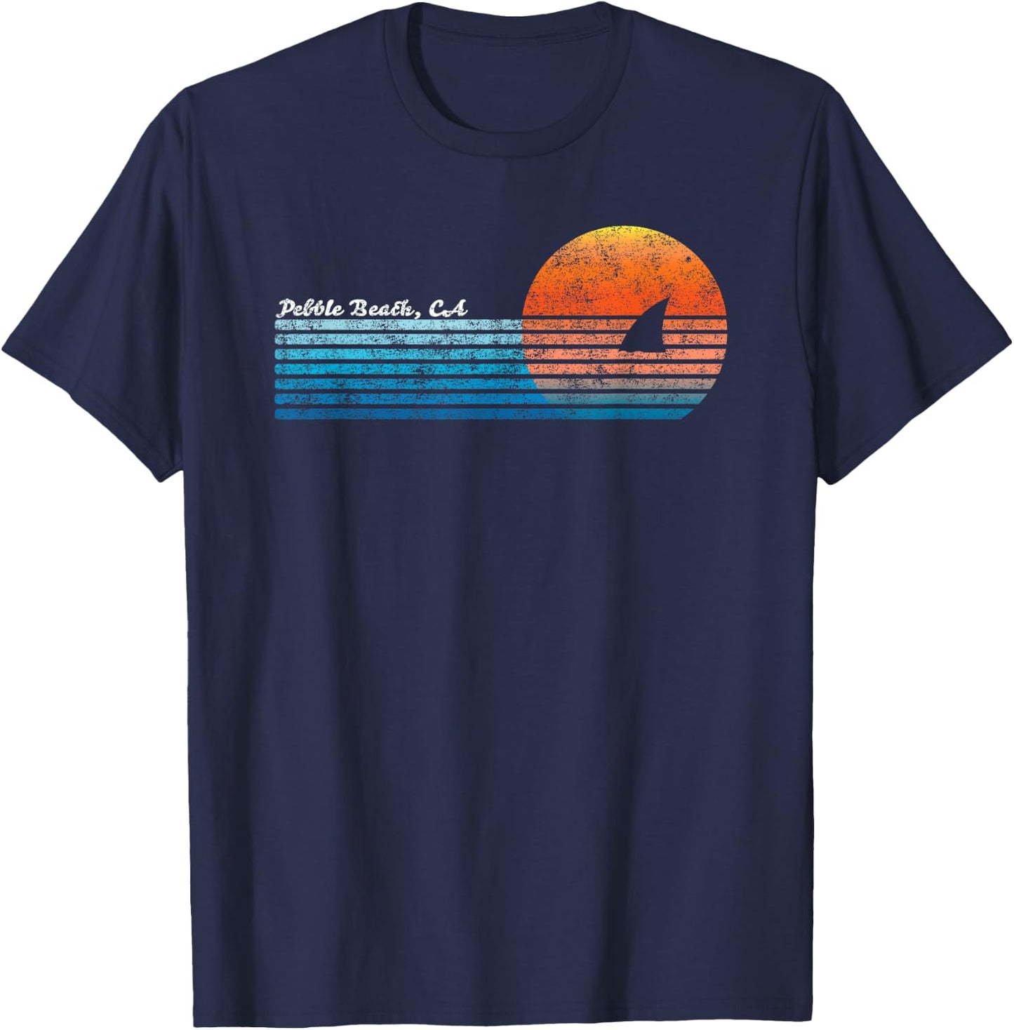 Vintage Pebble Beach, CA Retro 80s Shark Fin Sunset Women Girls Kids T-Shirt - T-Shirt | Navy