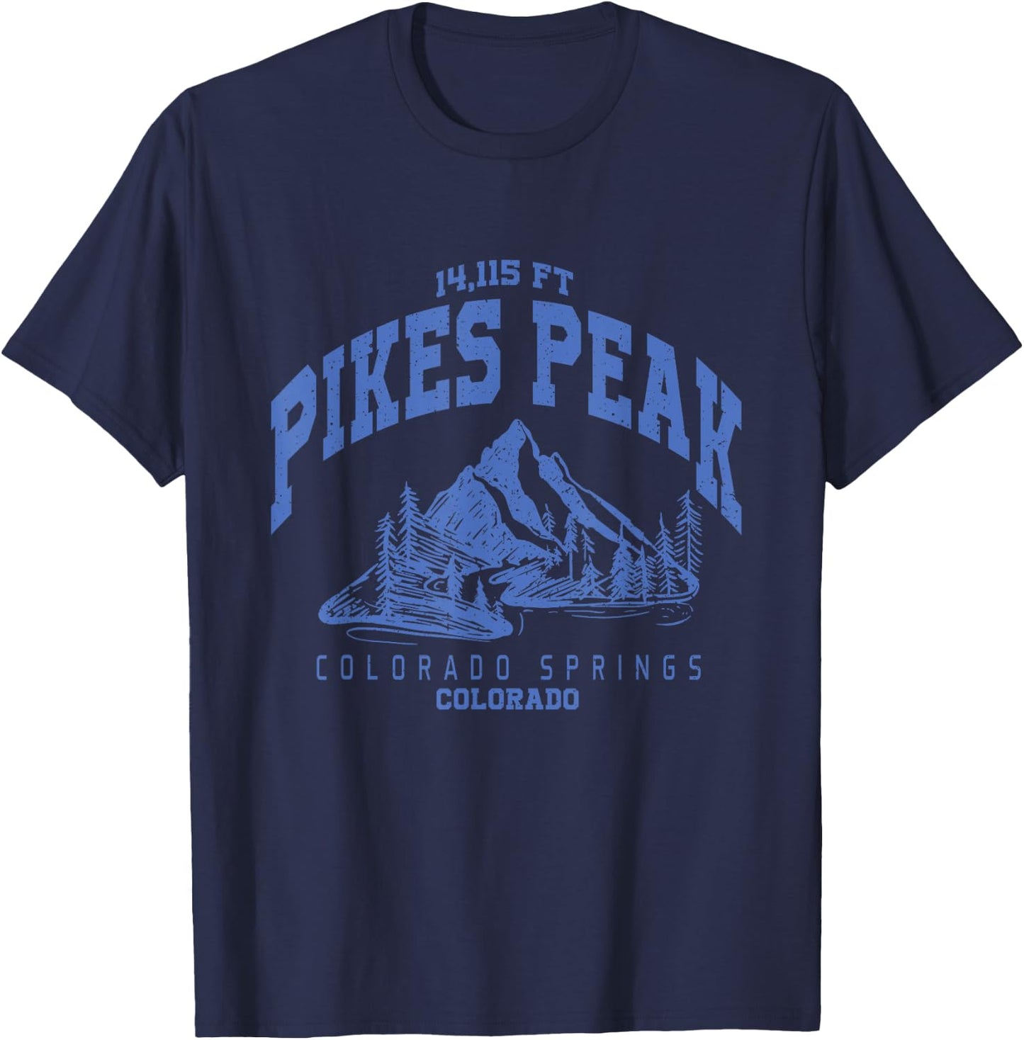 Vintage Mountain Hiking Pikes Peak Colorado Varsity Style T-Shirt - T-Shirt | Navy