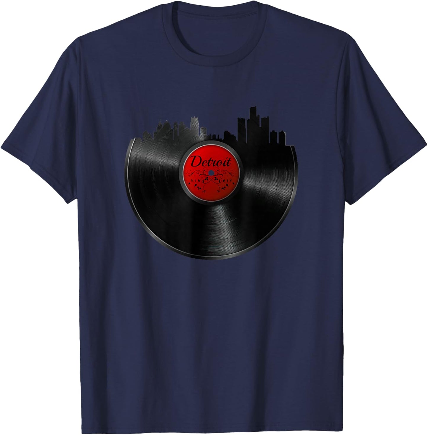 Detroit Vinyl DJ Techno Music Skyline Gift T-Shirt - T-Shirt | Navy