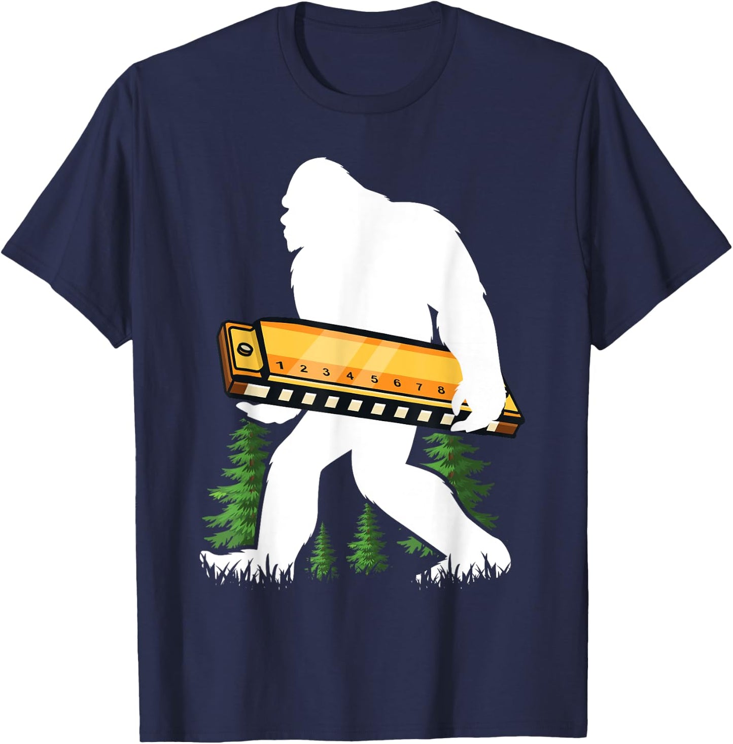 Bigfoot Carrying Harmonica Reed Instrument T-Shirt - T-Shirt | Navy