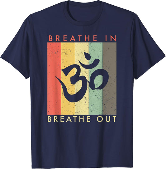 Retro Vintage Meditation Om Symbol - Breathe In Breathe Out T-Shirt - T-Shirt | Navy