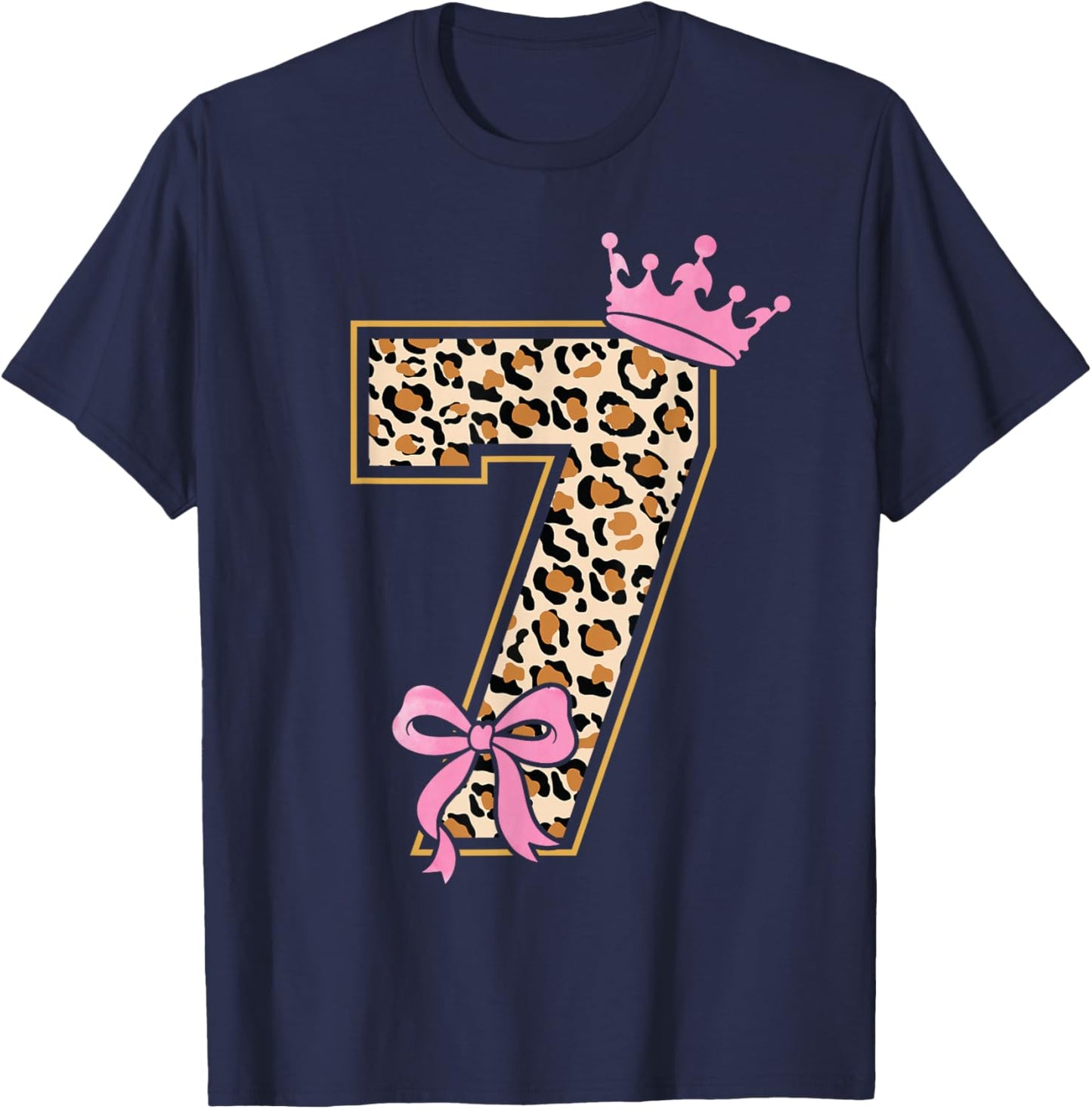 7th Birthday Girl Pink Coquette Bow Leopard 7 Year Old T-Shirt - T-Shirt | Navy