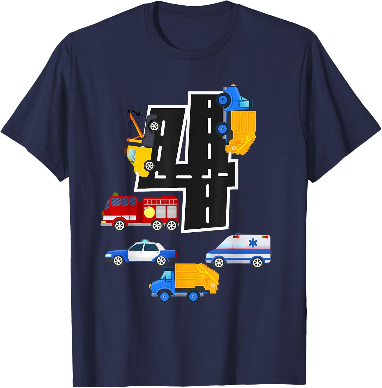 4th Birthday Boys Fire Truck Police Car 4 Year Old T-Shirt - T-Shirt | Navy