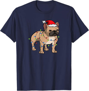 Frenchie Santa Hat & Christmas Lights Cute French Bulldog Men Women Kids T-Shirt - T-Shirt | Navy