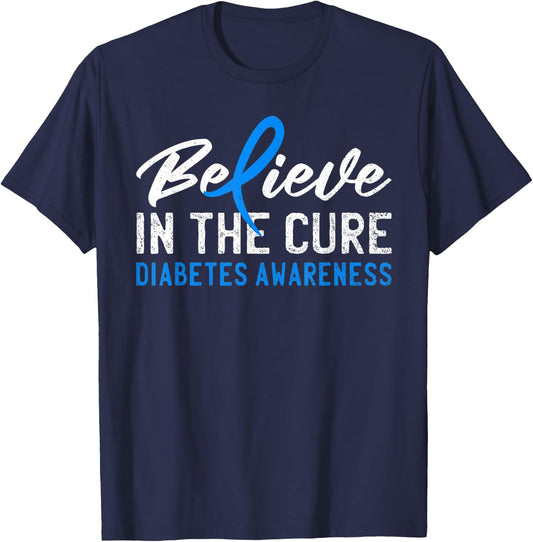 Believe in the Cure T1D Type 1 Diabetes Awareness Ribbon T-Shirt - T-Shirt | Navy