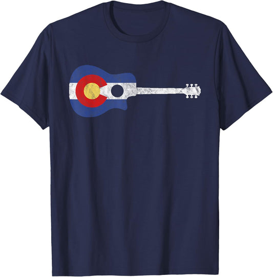 State Flag of Colorado Music - Distressed Acoustic Guitar T-Shirt - T-Shirt | Navy