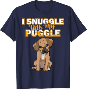 Funny Puggle Shirt Women's Puggle I Snuggle With My Puggle Shirt Black Cartoon Short Sleeve Size Small T-Shirt - T-Shirt | Navy